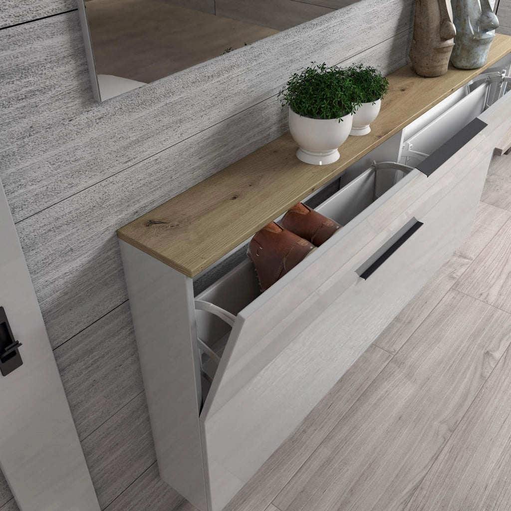 Mobile Portascarpe Achiko, Scarpiera 12 Paia Made in Italy, 160x19x80h cm Bianco Lucido