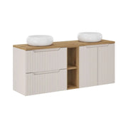 Insieme VANO cashmere e quercia 140cm: mobili sotto lavabo con cassetti e armadietti con nicchie visibili + lavabi da appoggio rotondi