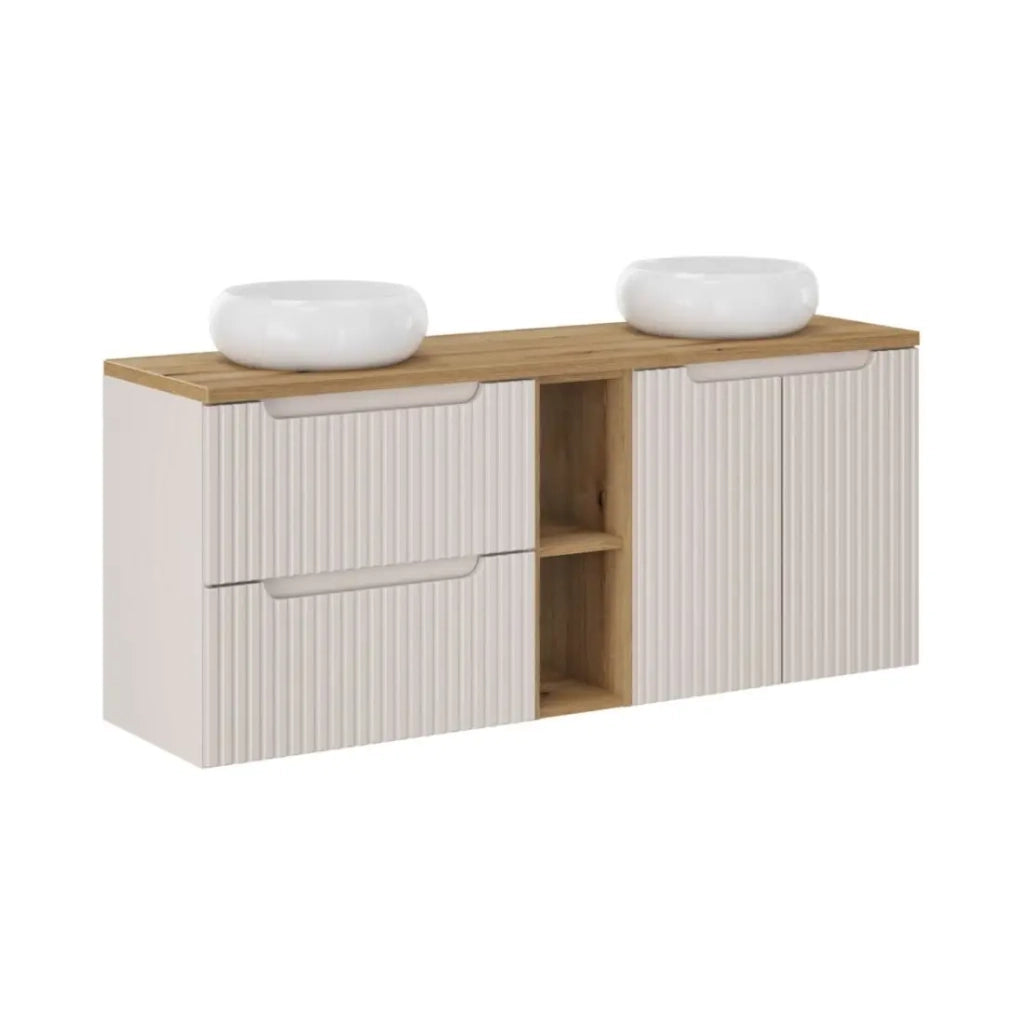 Insieme VANO cashmere e quercia 140cm: mobili sotto lavabo con cassetti e armadietti con nicchie visibili + lavabi da appoggio rotondi