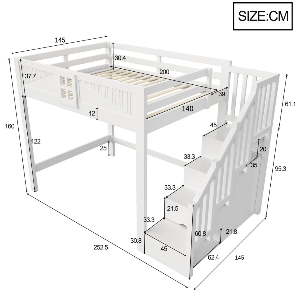 Letto a soppalco 140x200 cm bianco in legno con scala contenitore reversibile