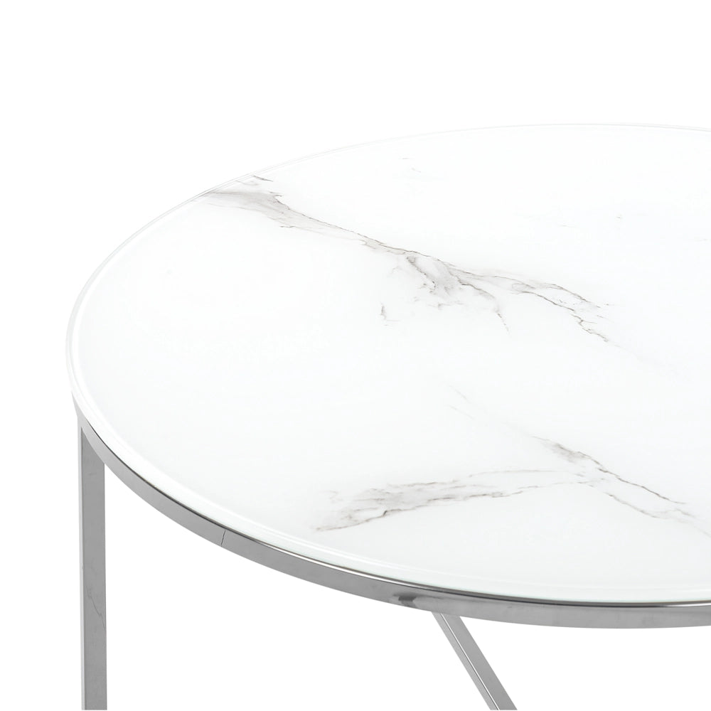 Tavolino Rotondo Effetto Marmo Bianco Base Argento 70 cm Glam Moderno Minimalista