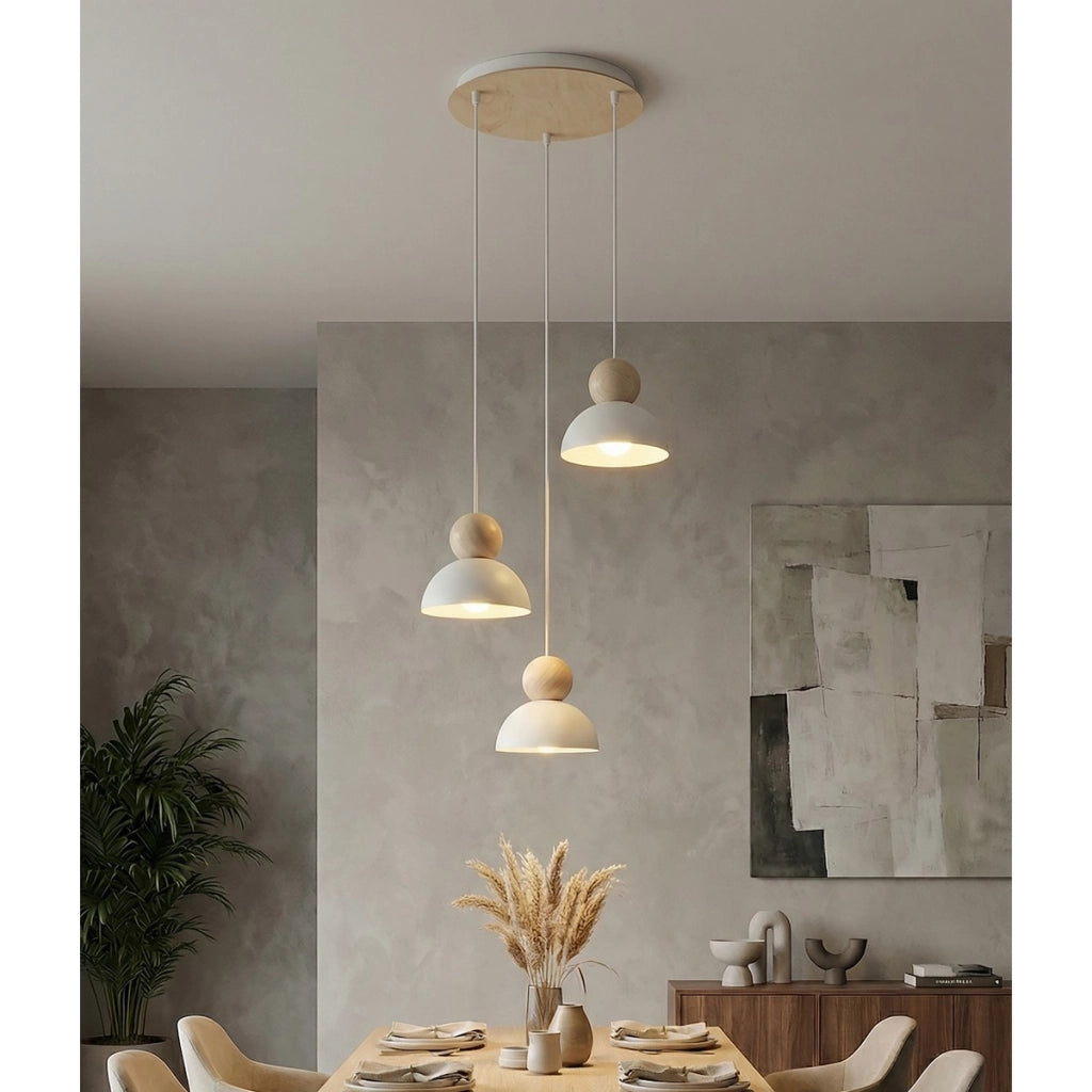 Lampada a sospensione KAKI in acciaio bianco opaco e legno