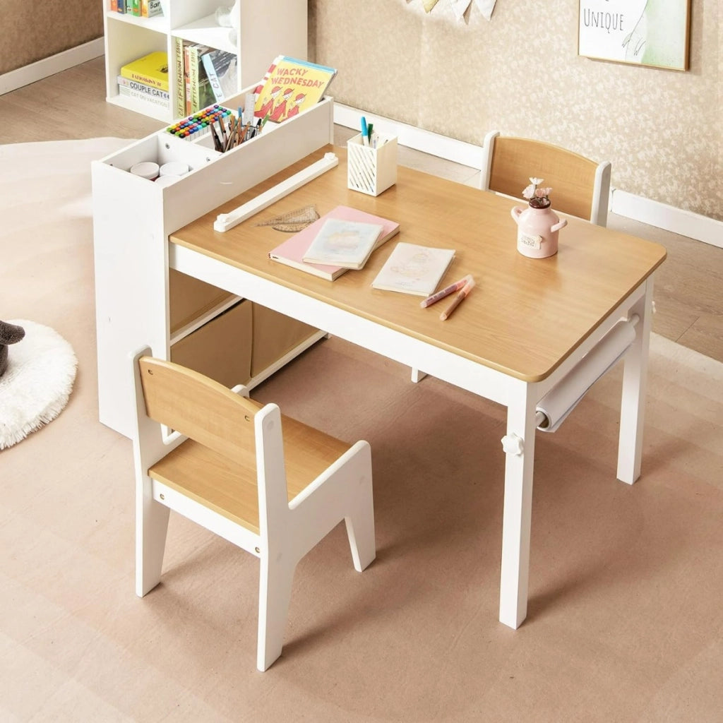 Set tavolo e sedie per bambini con 2 sedie-Set Tavolino per bambini per stanza giochi Naturale e Bianco