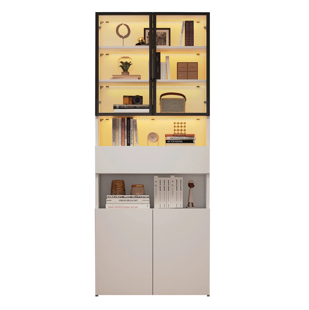 Vetrina 70x30x200 cm bianca in truciolare con LED e contenitore