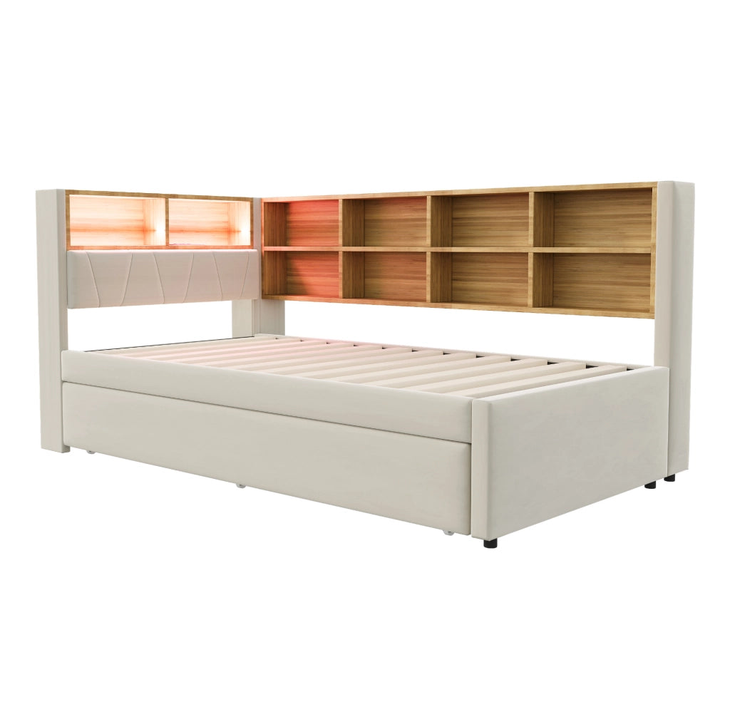Divano letto 90x200 cm con letto estraibile 90x190 cm, LED e USB-C beige