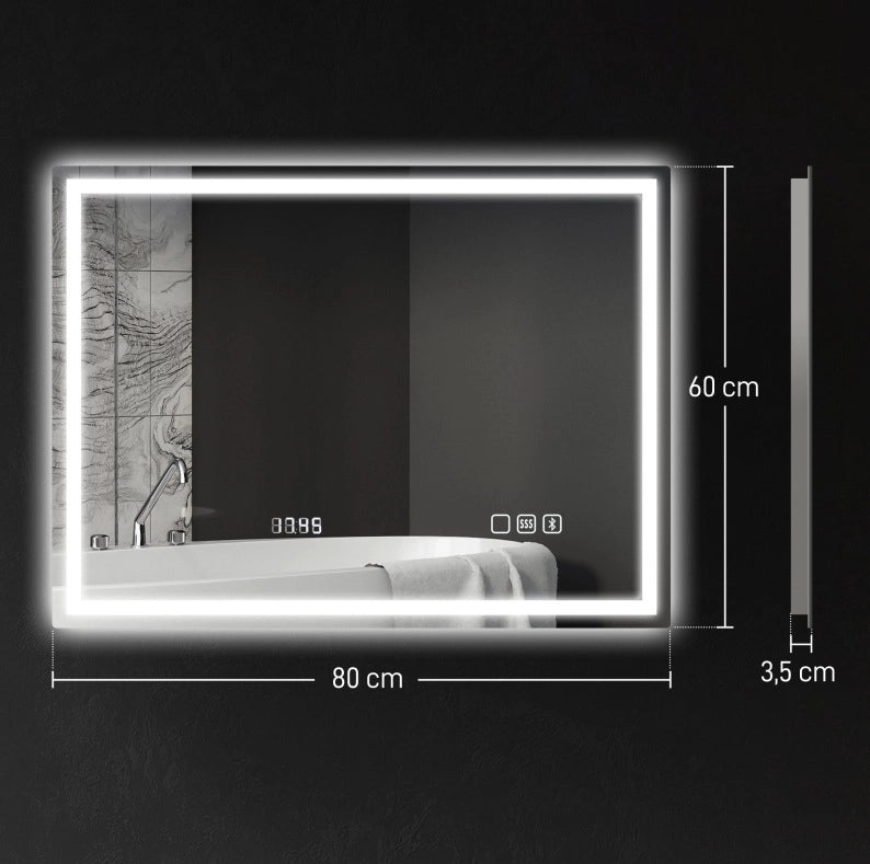 Specchio bagno LED ULEVR con Bluetooth, orologio digitale, funzione antiappannamento e luce regolabile, argento