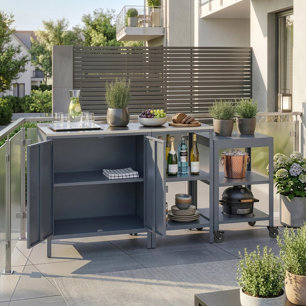 Set Bolognano Mobili da Esterno in Acciaio - Bancone Armadietto e Carrello Portavivande - Grigio scuro opaco casa.pro