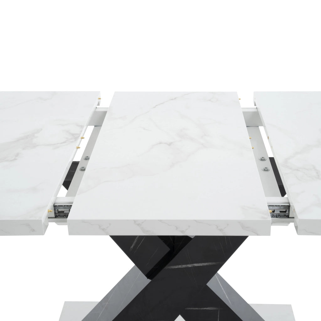 Tavolo da pranzo rettangolare allungabile 120-160 cm, piano effetto marmo bianco, struttura X nera