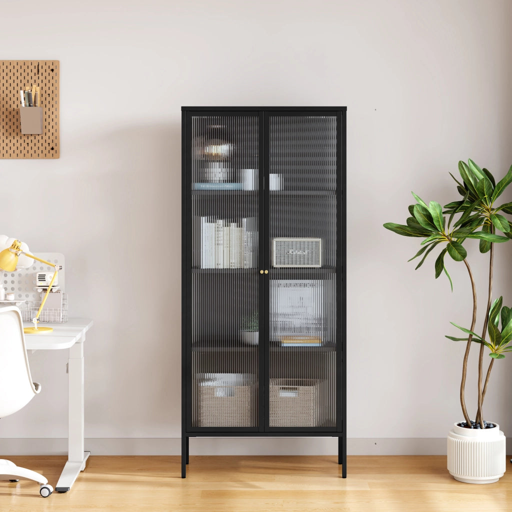 Mobile Vetrina Vinterhavn con Ante in Vetro e Ripiani 180 x 80 x 35 cm - Nero [en.casa]