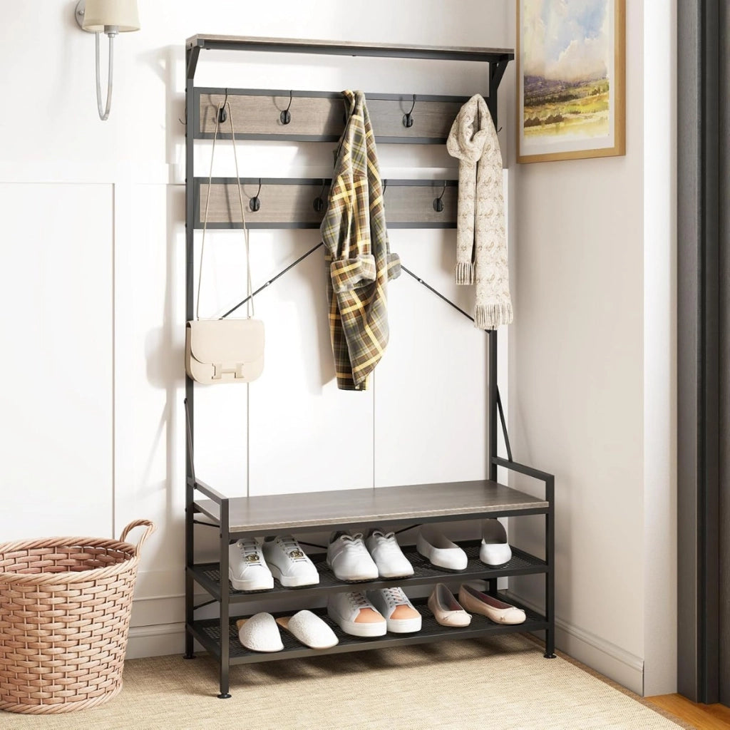 Appendiabiti albero da ingresso 4-in-1 con 11 ganci, Panca per scarpe scarpiera a 2 ripiani Grigio