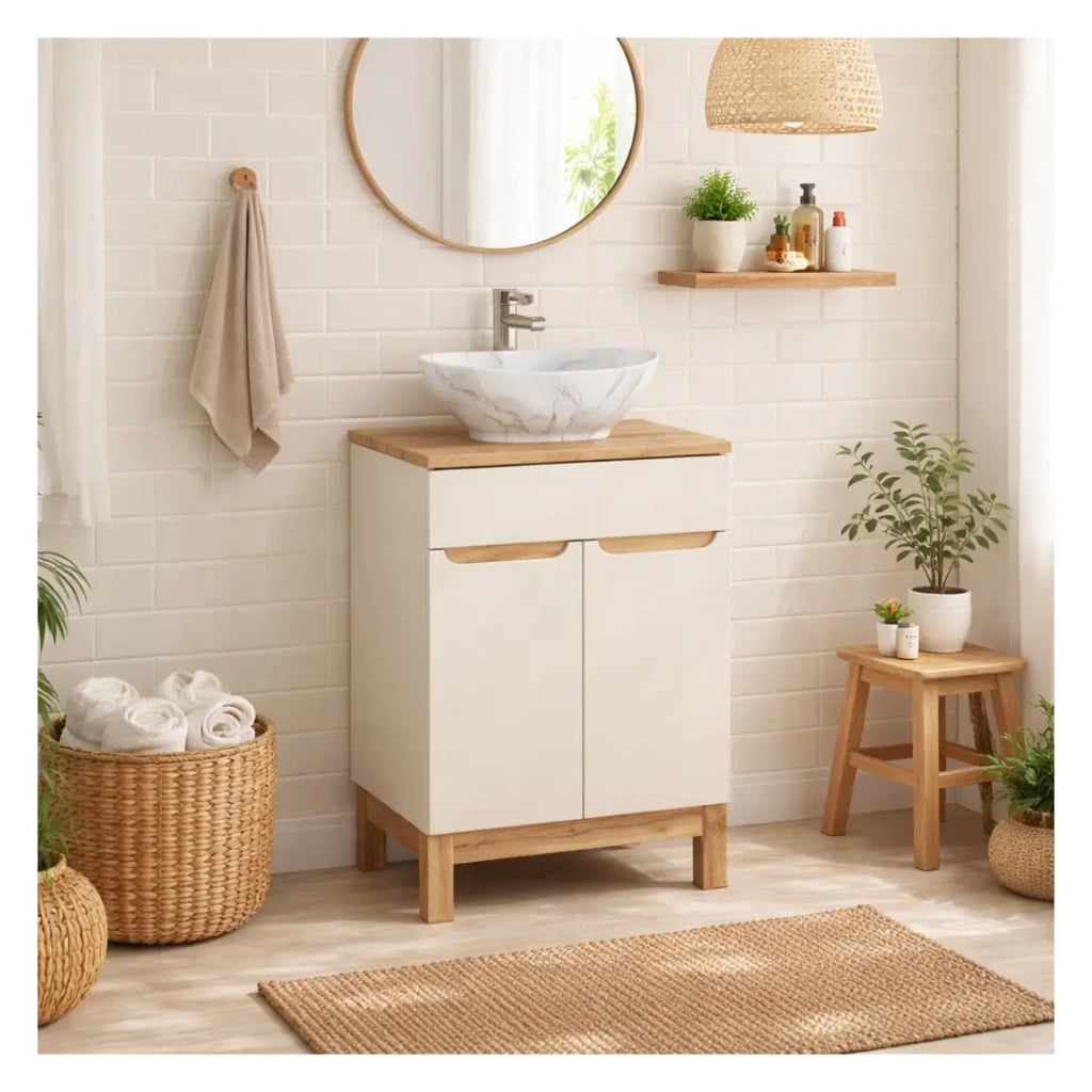 Mobile sottolavabo ERMANO - 2 porte - Cachemire e quercia - L60 × H84 × P46 cm - Da appoggiare