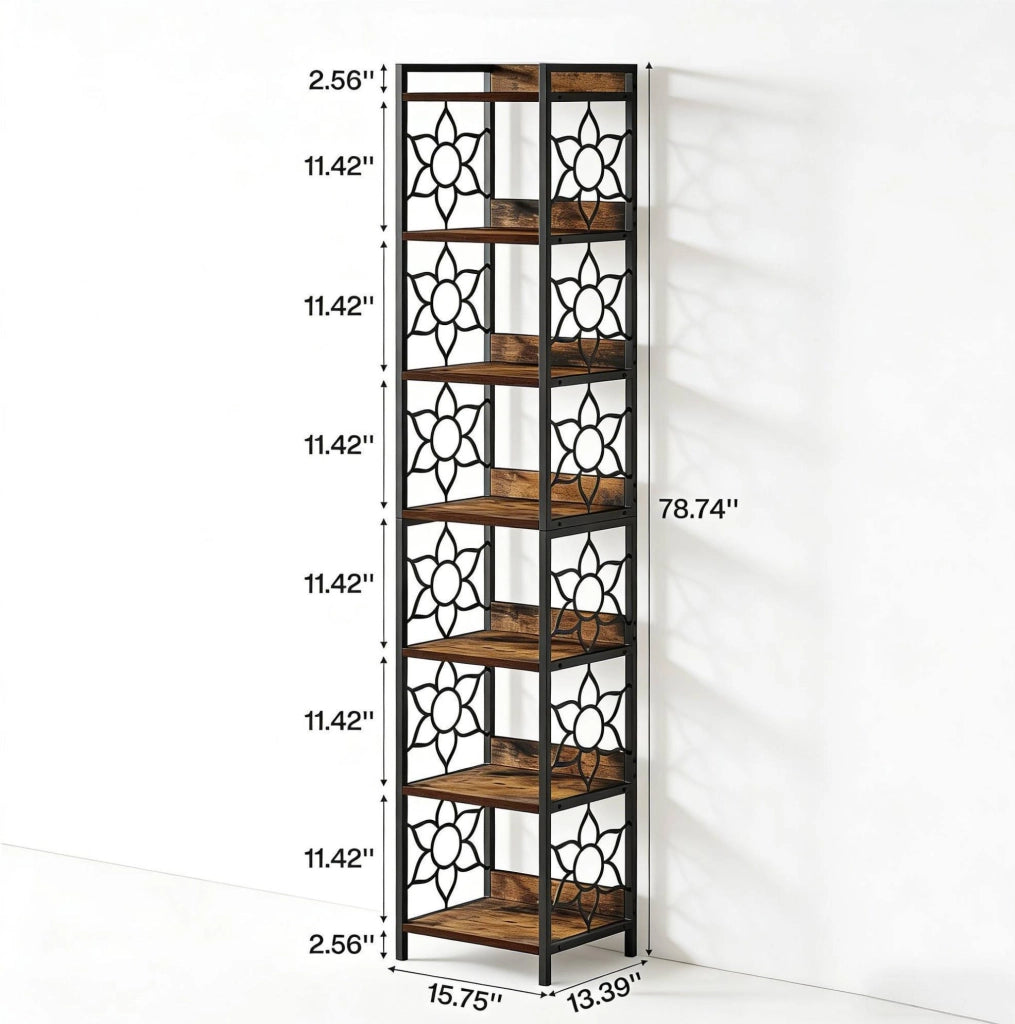 Scaffale angolare a 7 ripiani in MDF e metallo nero e marrone rustico