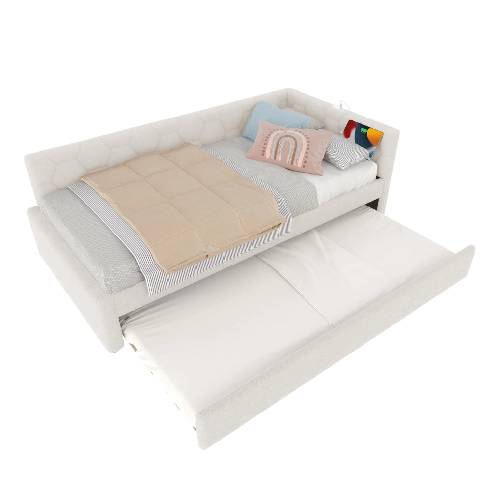 Letto 90x200 cm con letto estraibile; USB; Type-C e luce notturna in bouclé bianco