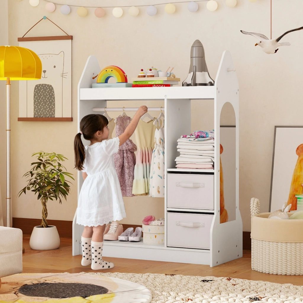 Armadio gioco bambini centro travestimenti specchio acrilico, Armadio gioco appendiabiti mensola superiore Bianco