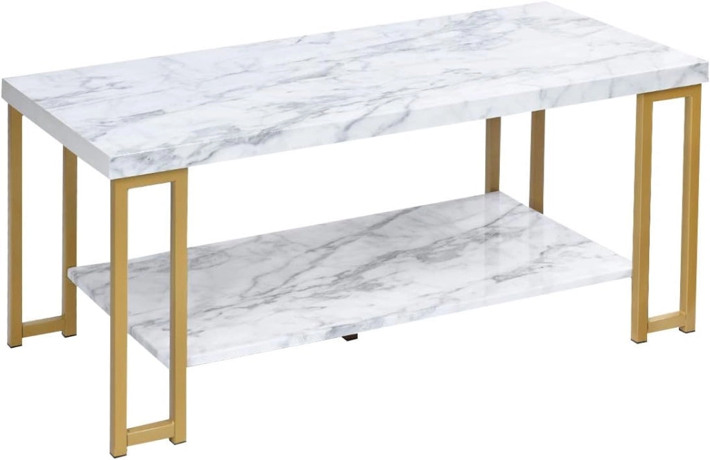Tavolino da Caffè a 2 Livelli, Tavolo Portaoggetti Solido, Stile Moderno, Adatto per Soggiorno, Ufficio, Camera da Letto,100x50x45 cm, Bianco+Oro