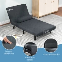 Poltrona Letto 3 in 1 con Schienale Regolabile e Cuscino, in Tessuto Effetto Lino e Acciaio, Grigio Scuro
