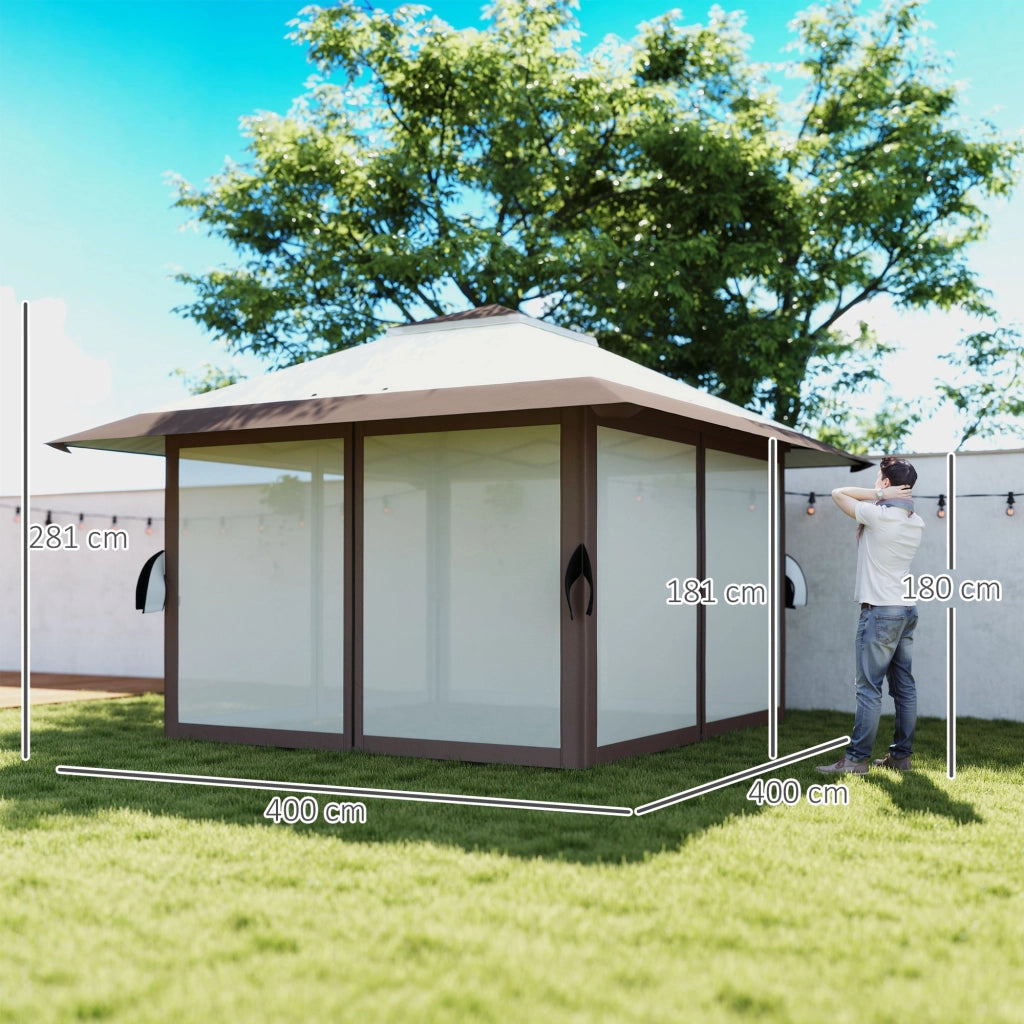 Gazebo 4x4m Ripiegabile pieghevole a piega regolabile in altezza impermeabile con pareti in rete UV 50+ Tenda pieghevole da giardino con borsa da trasporto sacchi di sabbia Gazebo da giardino per il festival del campeggio beige
