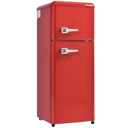Frigorifero retrò; frigorifero congelatore; doppia porta; volume totale 92L; congelatore 28L; mensole alle porte; scaffali in vetro; luce LED; efficiente energetico; rosso