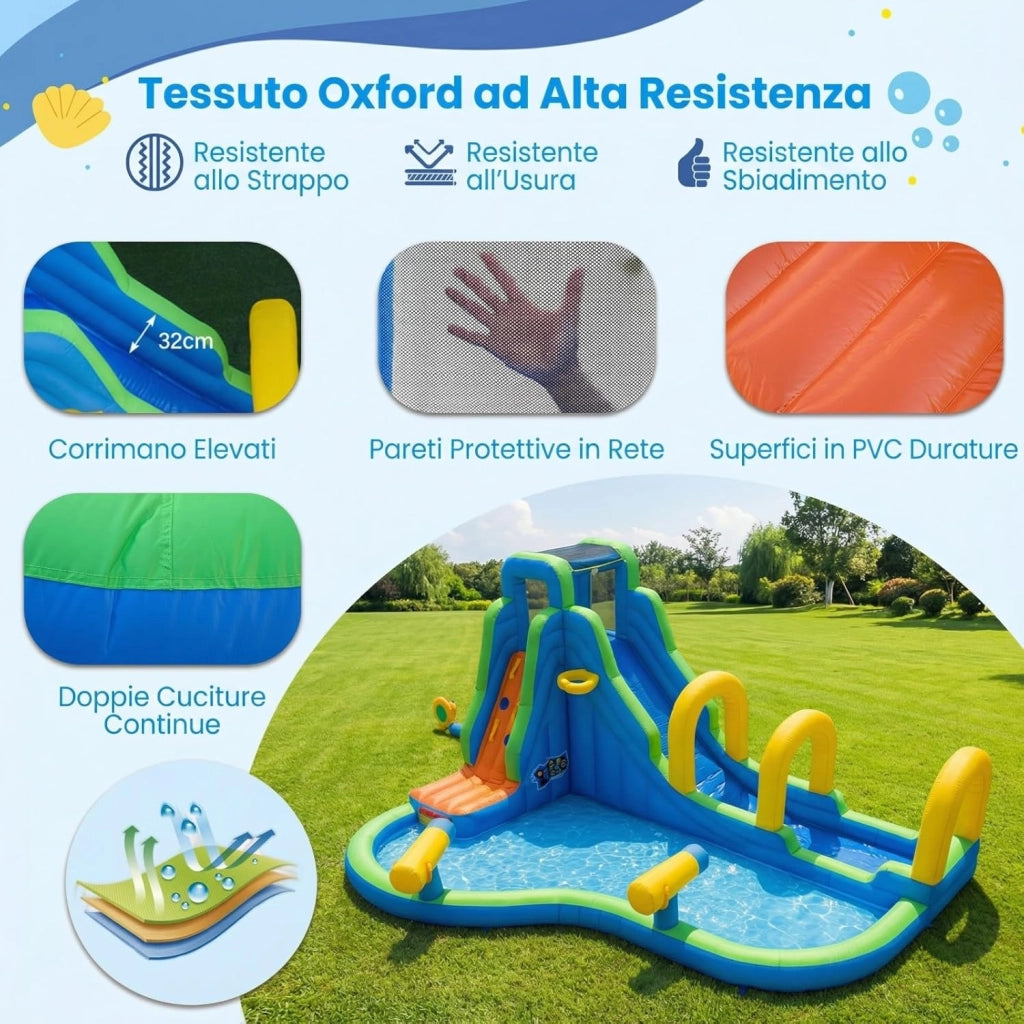 Castello Gonfiabile Per Bambini, Con Scivolo, Piscina e Muro Arrampicante, Per 4 Bambini 4-12anni, Con Borsa di Trasporto e Kit di Riparazione, Regalo Perfetto per Bambini (Senza soffiatore)