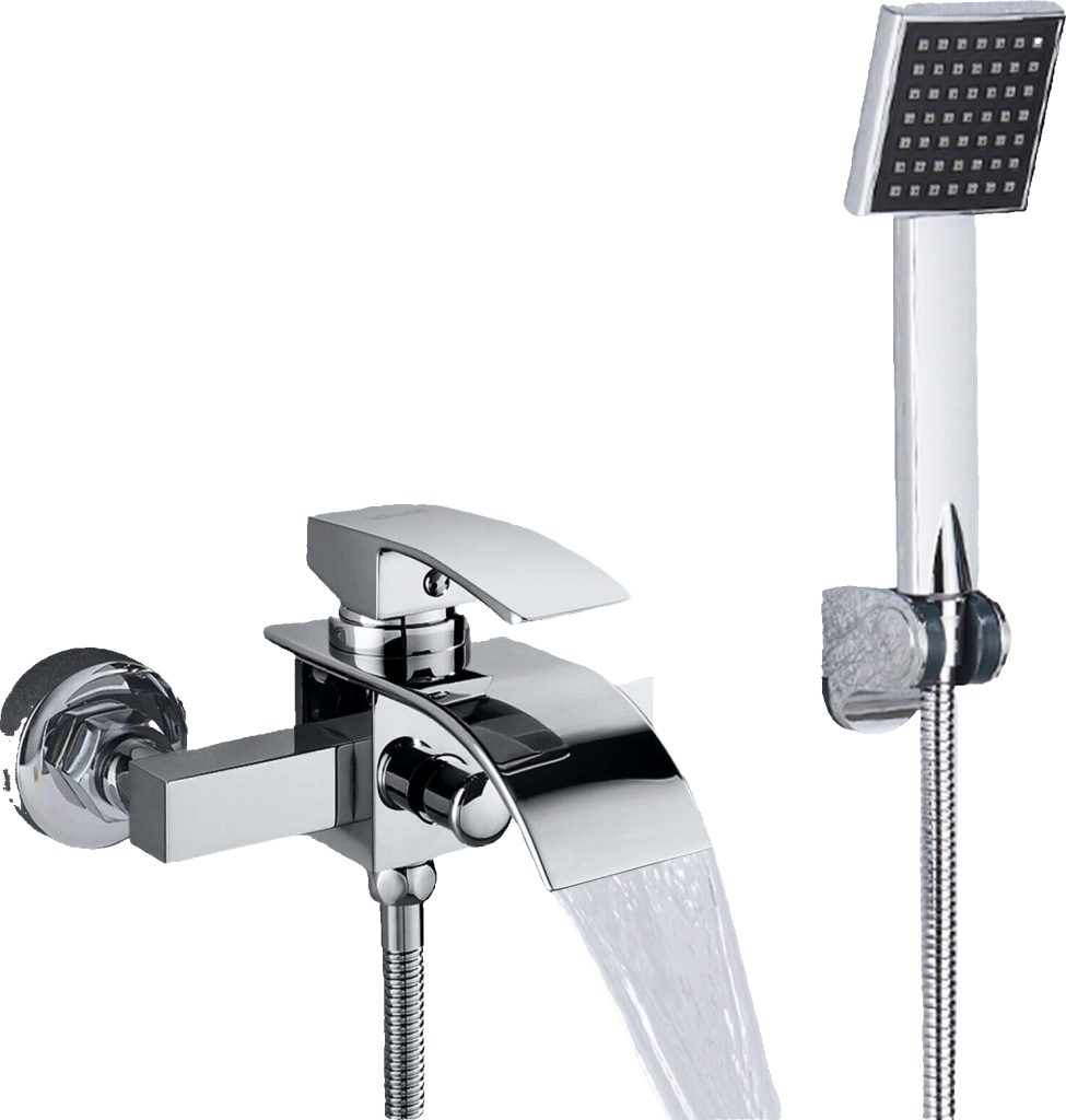 "ROSA" | Rubinetto per vasca a cascata doccia cromata| in acciaio inox con doccetta e supporto Set completo termostato vasca con rubinetto miscelatore