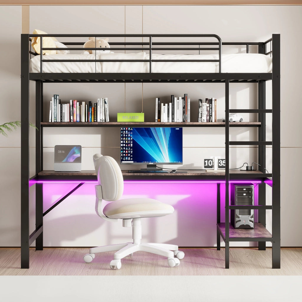 Letto a castello nero in metallo con funzione usb e presa elettrica 90x200 cm