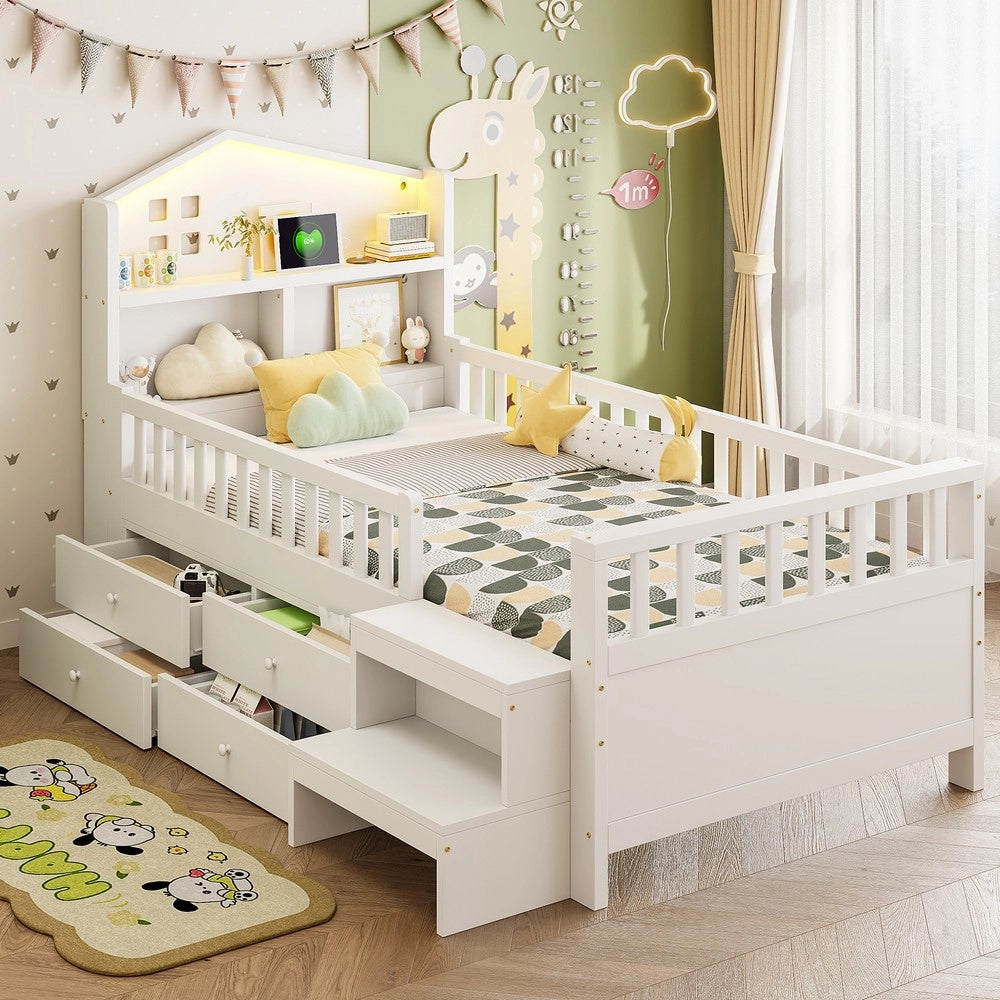 Letto Singolo Bambini 90x200 con Cassetti, LED e Rete a Doghe ¨C Xylo ¨C Massello Bianco