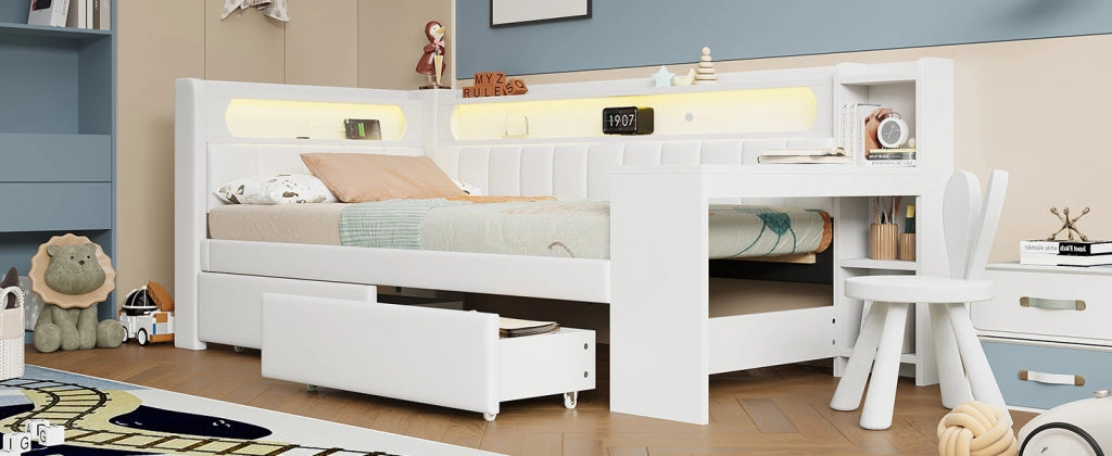 DESMIU Lit banquette 90 × 200 cm 1 place avec bureau, 2 tiroirs, LED et USB, sans matelas, blanc