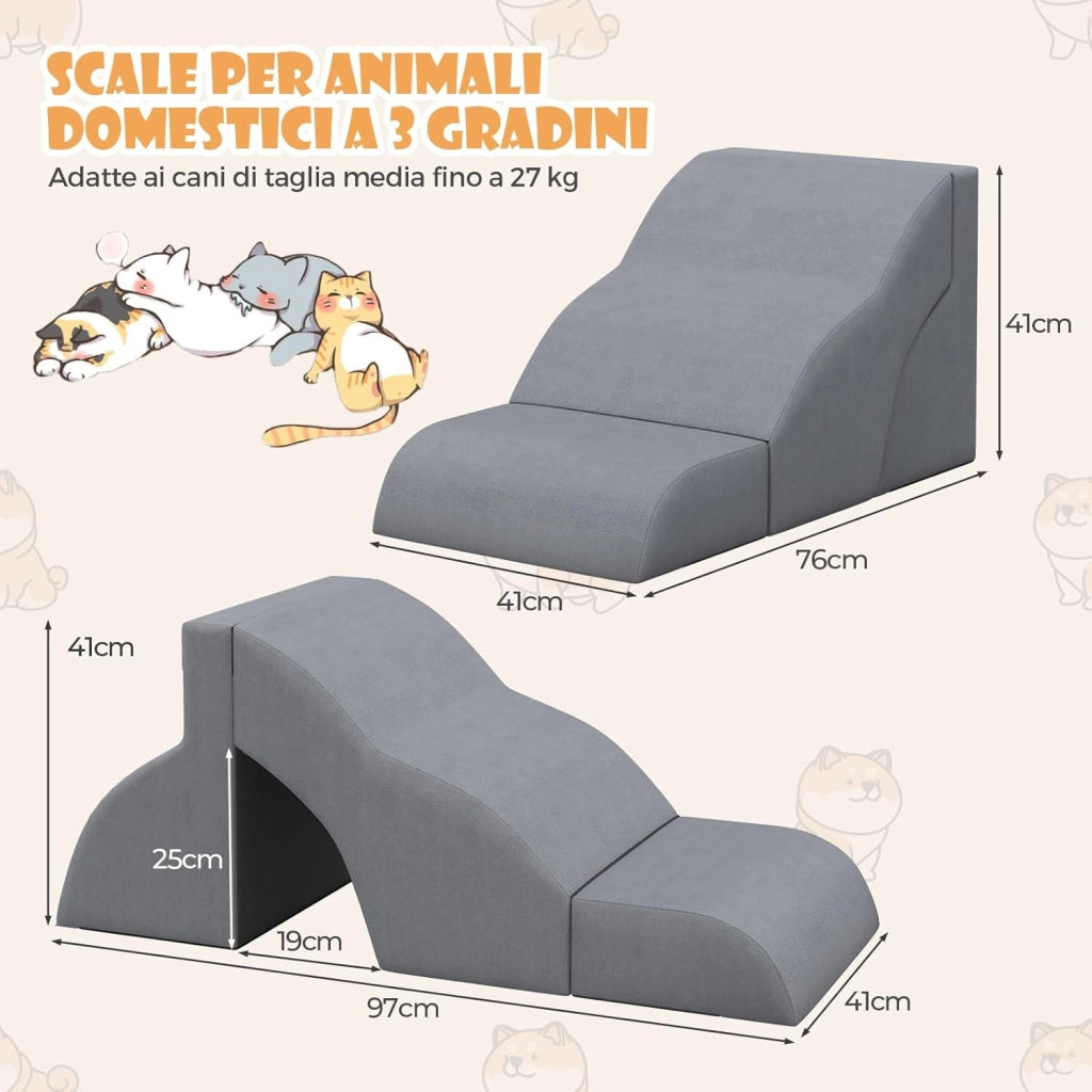 Scale per Cani in Schiuma a 3 Livelli, Rampe Scale per Animali 2 in 1 per Letti e Divani, Gradini per Animali Infortunati e Anziani con Base Antiscivolo, Copertura Lavabile e Rullo Adesivo