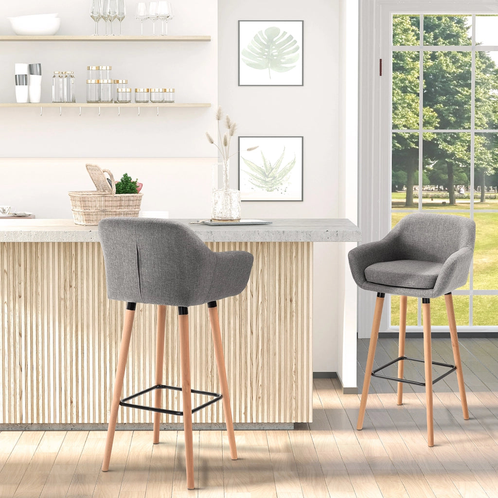 Sgabelli da Bar Scandinavi ¨C Xylo ¨C Set di 2 con Braccioli e Poggiapiedi, Legno Massello e Lino Grigio Scuro