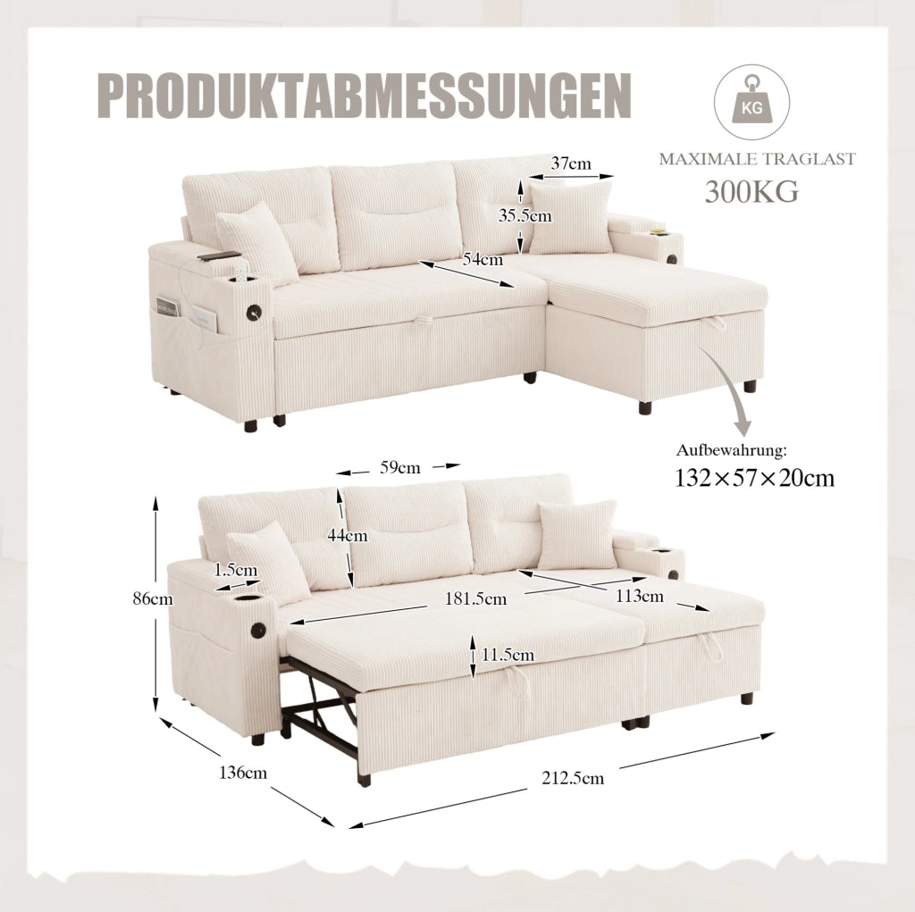 Divano 3 posti in tessuto corduroy beige con chaise longue idraulica; letto estraibile e USB-C