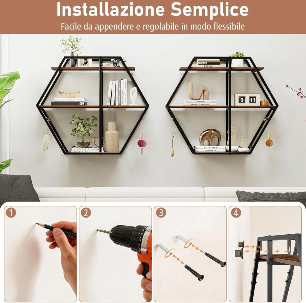 Mensola da Muro, Mensole Esagonali Industriali a 3 Livelli con Ganci e Struttura in Metallo, Mensole Galleggianti per Camera da Letto, Soggiorno e Cucina, 80x18x69,5 cm (Stile 1)