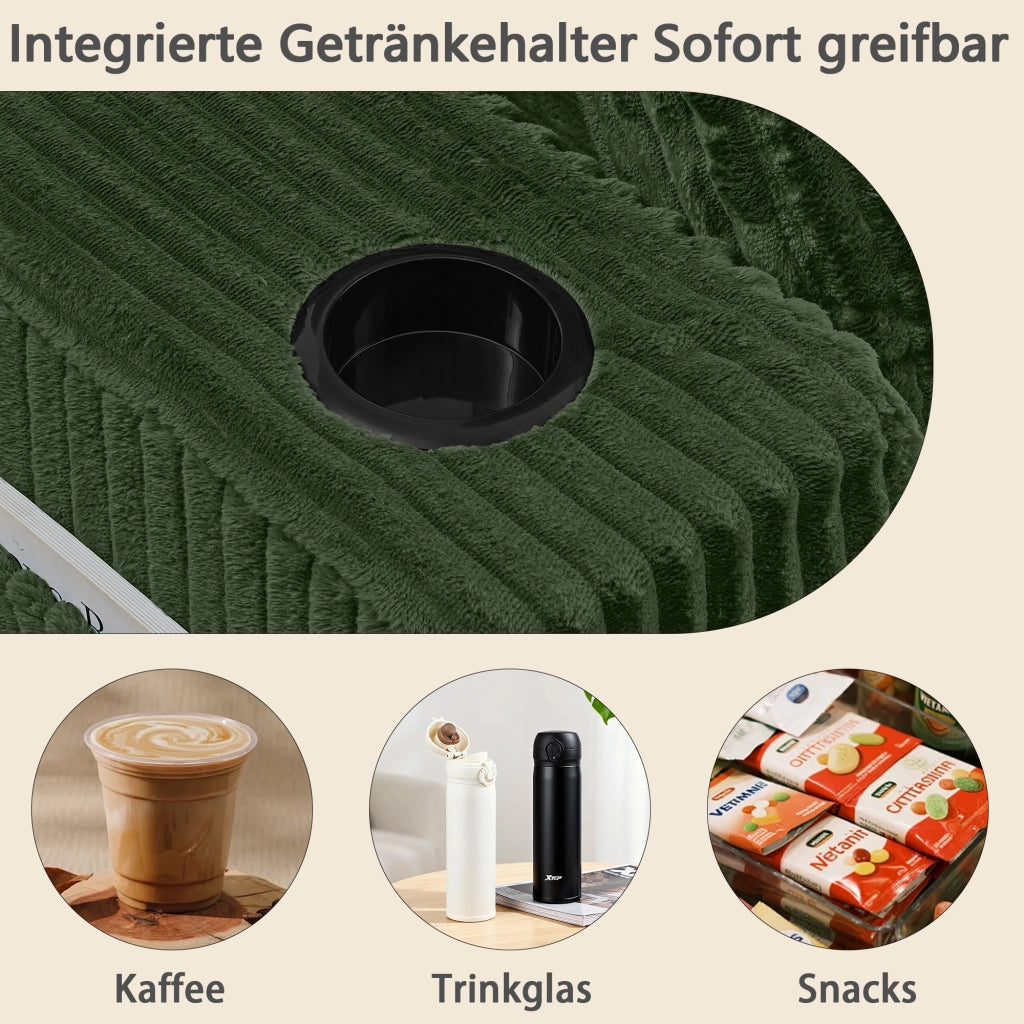 Divano letto a 2 posti modulare in tessuto a coste con tasca laterale, portabicchieri e cuscini, verde