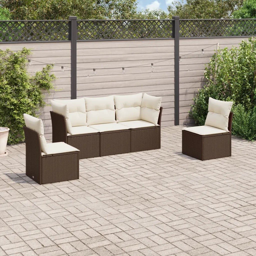 Set Divano da Giardino 5 pz | Set Salotto da Giardino con Cuscini Marrone in Polyrattan