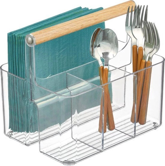 Organizzatore per la cucina - con 2 contenitori per il piano di lavoro o il mobile cucina - organizzatore per la cucina con maniglia in plastica e legno - trasparente e naturale