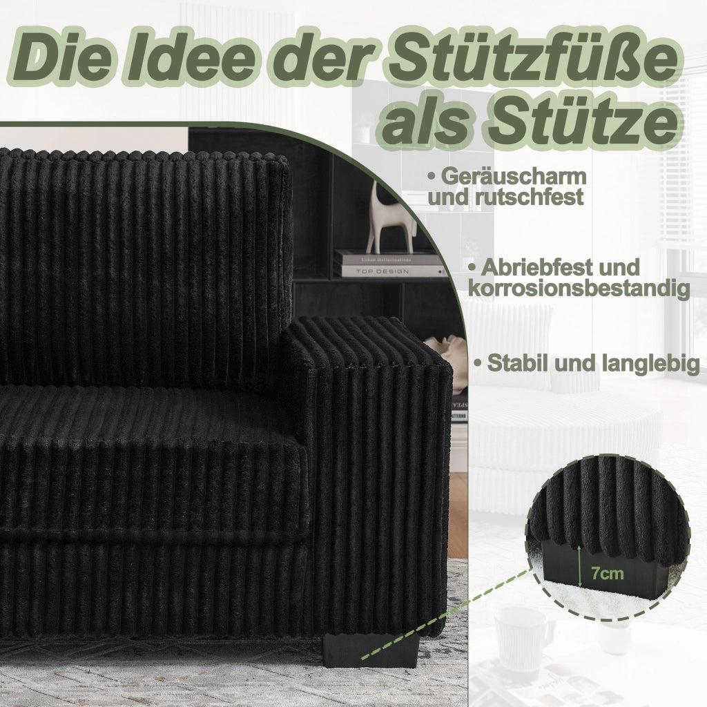 Divano angolare modulare in velluto a coste con pouf ovale reversibile e 2 cuscini nero 256,5 × 133,5 × 89 cm