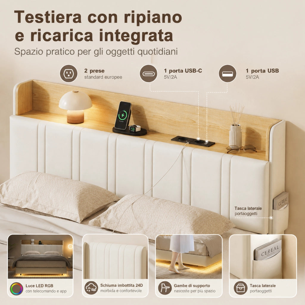 Letto matrimoniale 140x200 cm in pelle PU bianca, testiera con vano portaoggetti, stazione di ricarica, luci RGB a LED, struttura robusta portata 350kg