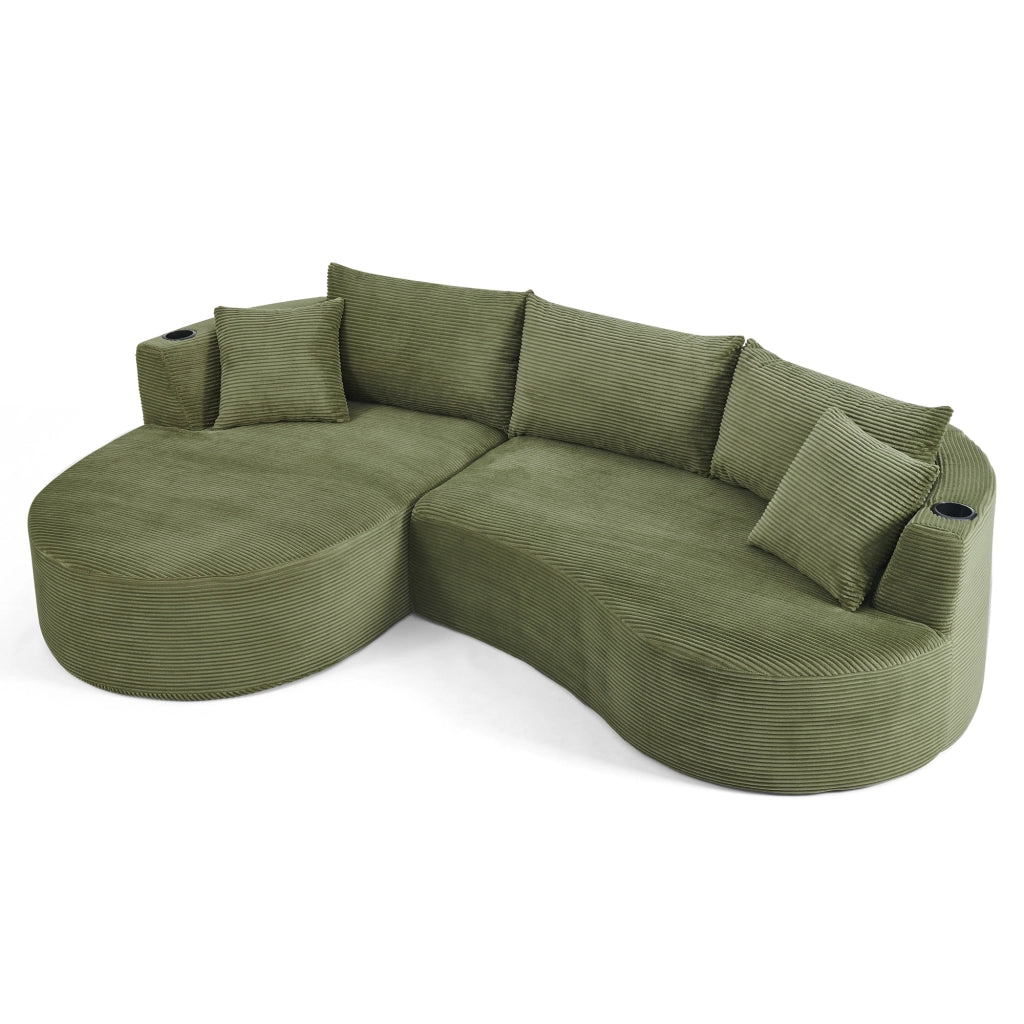 Divano 3 Posti con Chaise Longue Sinistra ¨C MINIMAL ¨C Tessuto a Coste, Verde, con Cuscini e Portabicchieri