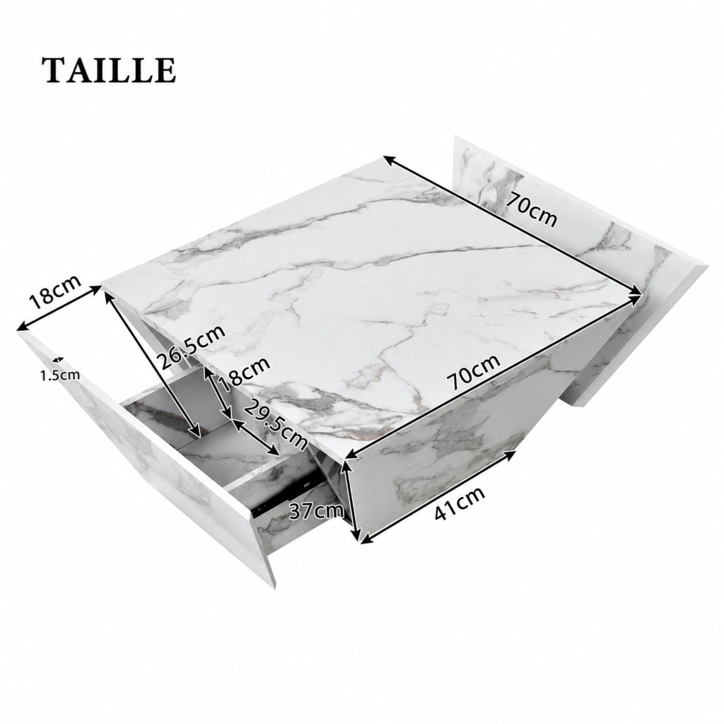 TAVOLINO DA CAFFÈ trapezoidale 70x70x37 cm bianco in MDF effetto marmo, con 2 cassetti
