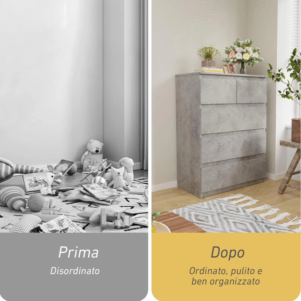 Mobili Cassettiera con 5 Cassetti, Armadietto per Camera da Letto e Bagno, Multifunzione, in Legno (Grigio)