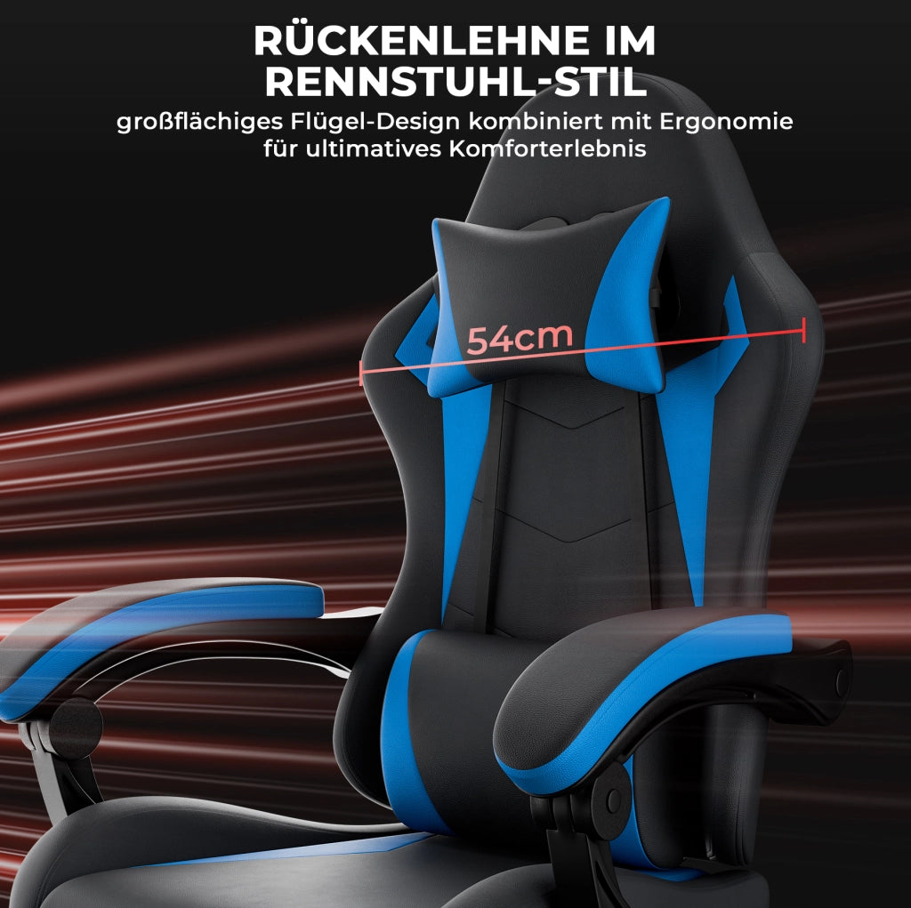 Sedia da gaming ergonomica con poggiatesta; supporto lombare e poggiapiedi retrattile; nero blu