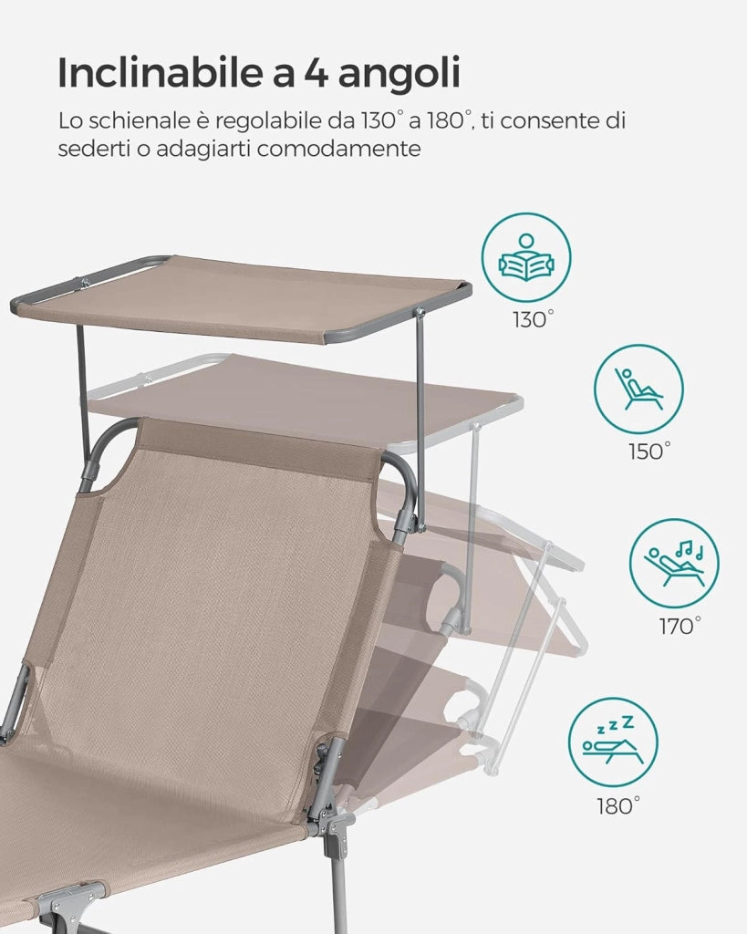 SONGMICS Lettino Prendisole Largo, Sedia a Sdraio Pieghevole, 71 x 200 x 38 cm, Max Portata 150 kg, con Poggiatesta Parasole e Schienale Reclinabile, per Terrazzo Piscina Giardino, Tortora GCB022K01
