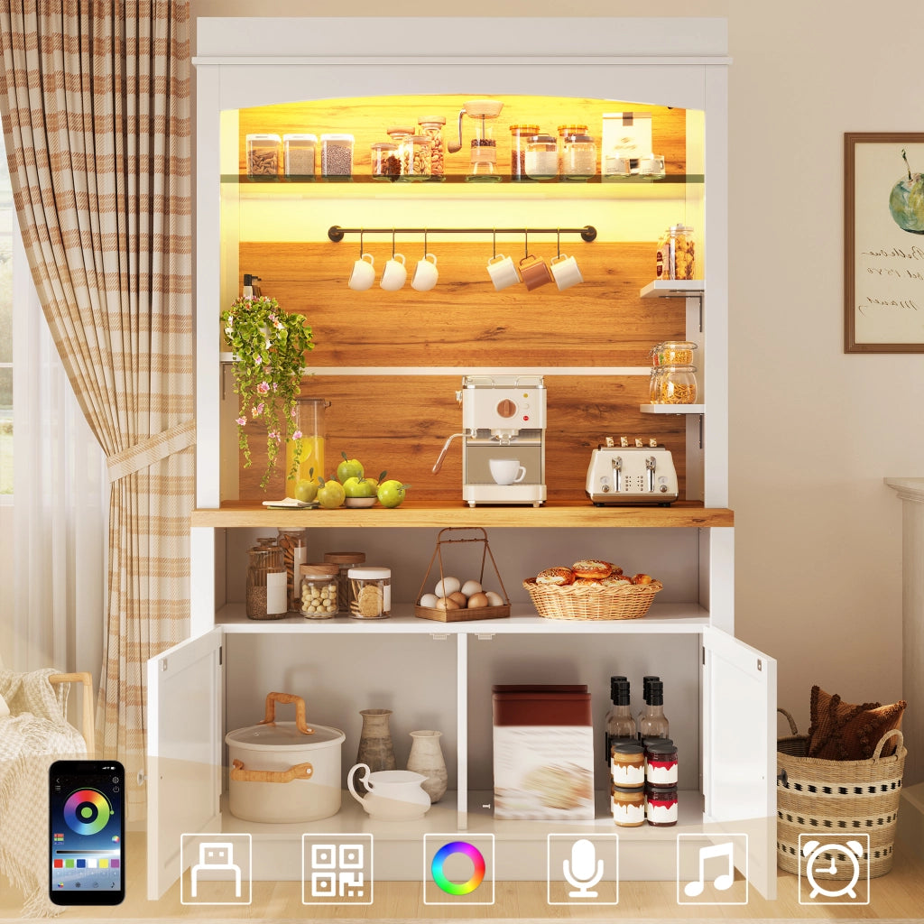 Set di 2 credenze alte con LED RGB, ripiano in vetro e 6 ganci, per cucina e sala da pranzo, bianco, 107 × 34 × 184 cm