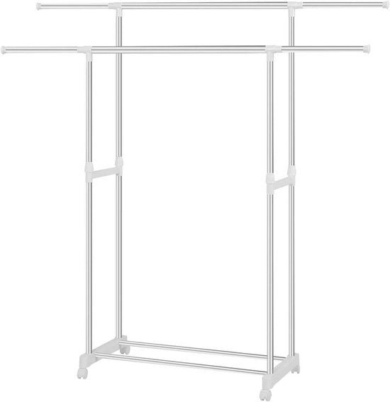 Asseggia con Ruote - Regolabile in Altezza e Larghezza - Con Piastra di Deposito - Asseggia Libero - Struttura in Metallo - Per Camera da Letto, Riscaldamento o Hall - 30 kg di Capacità di Carico - 75,5-151,5x94-171x42 cm