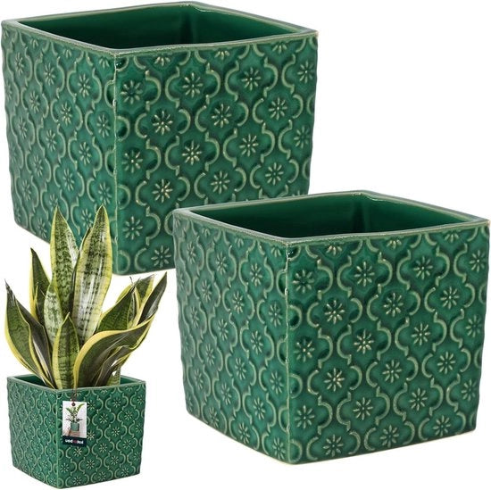 Vaso Fiorale Ceramico Quadrato Vintage Blu Turquesa 13x13cm Altezza: 13cm Ceramica Verniciata 2 Pezzi Vaso per Piante Indoor - Set da 2