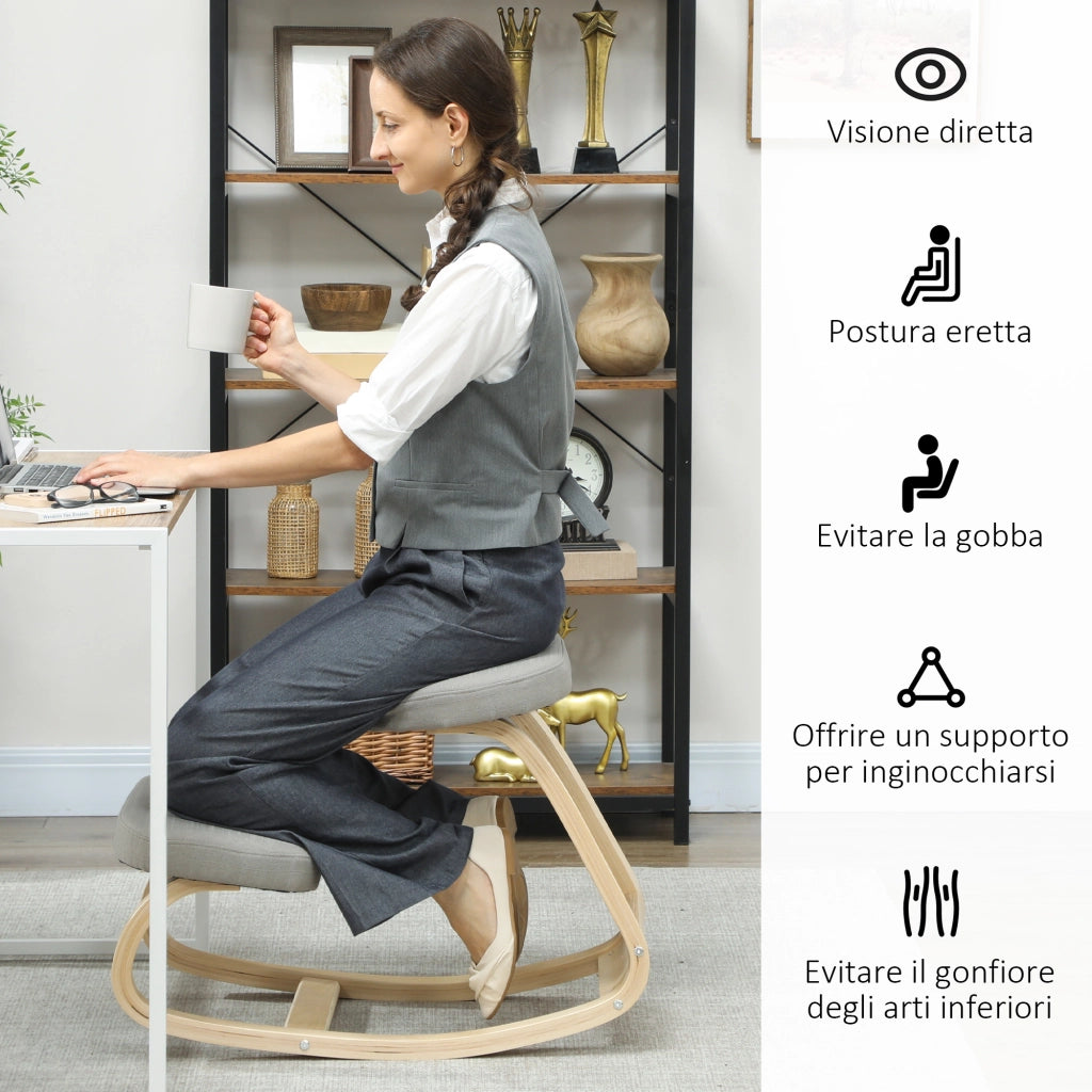 Sedia ergonomica inginocchiatoio con dondolo ¨C Xylo ¨C tessuto grigio, legno betulla, 50x73x55 cm