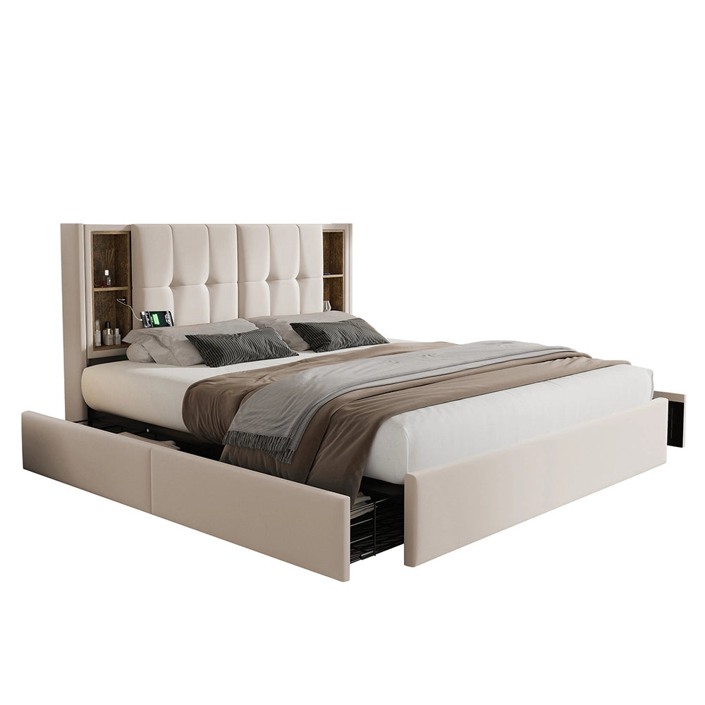 Letto imbottito 160x200 - Xylo - Beige, 4 cassetti, ricarica USB wireless