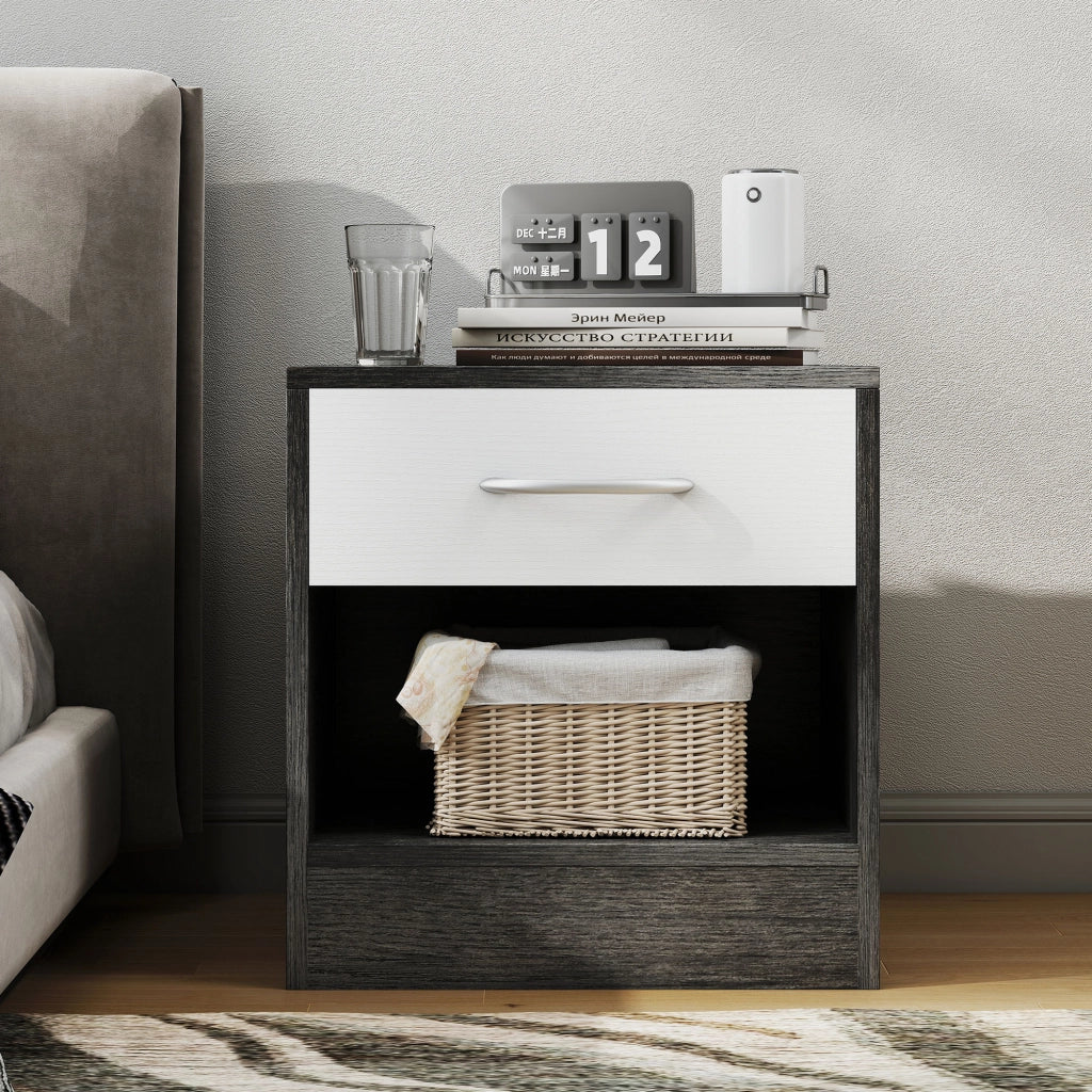 Set 2 Comodini con Cassetto e Ripiano Aperto 39x28x41 cm in Legno Bianco e Grigio Scuro