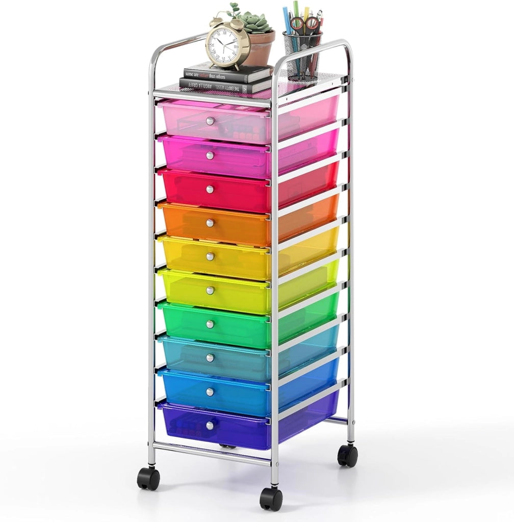 Carrello Portaoggetti con 10 Cassetti, Cassettiera con Ruote, Struttura in Metallo, Ruote Universali Bloccabili e Maniglia, Carrello Organizer per Casa, Ufficio (39 x 32 x 97 cm)