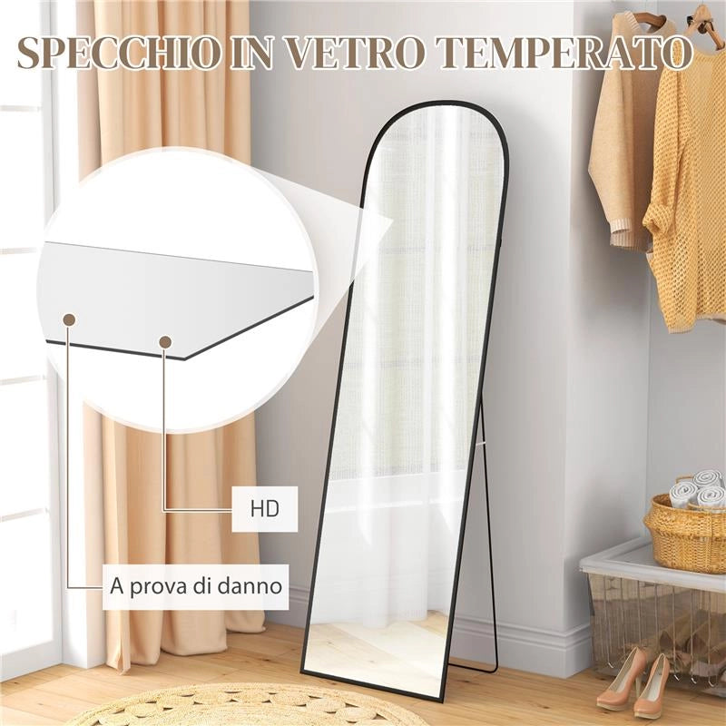 SPECCHIO DA TERRA E PARETE MODERNO IN LEGA DI ALLUMINIO CON SUPPORTO PIEGHEVOLE, 50X170 CM, NERO