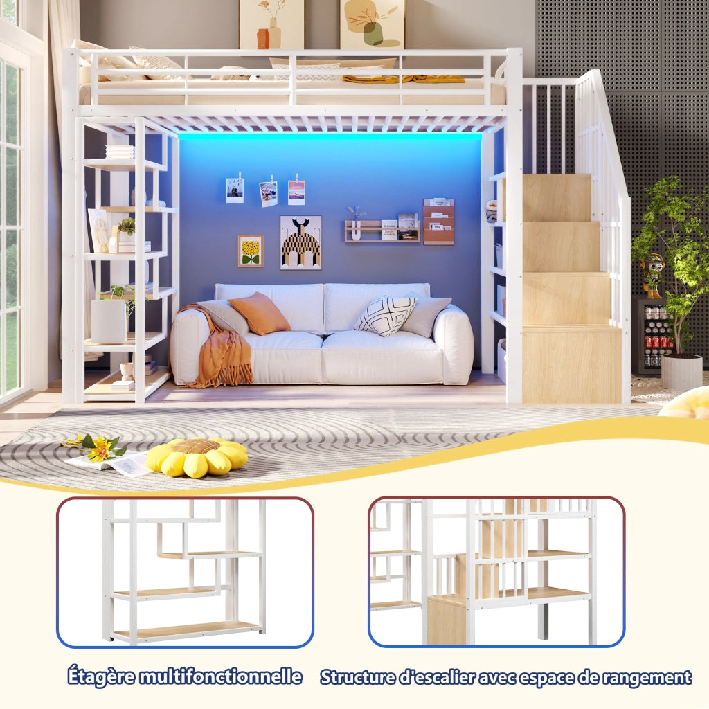 Letto a soppalco 90x200 cm con spazio libero sottostante; LED; ripiano; gradini integrati e parapetto; metallo bianco